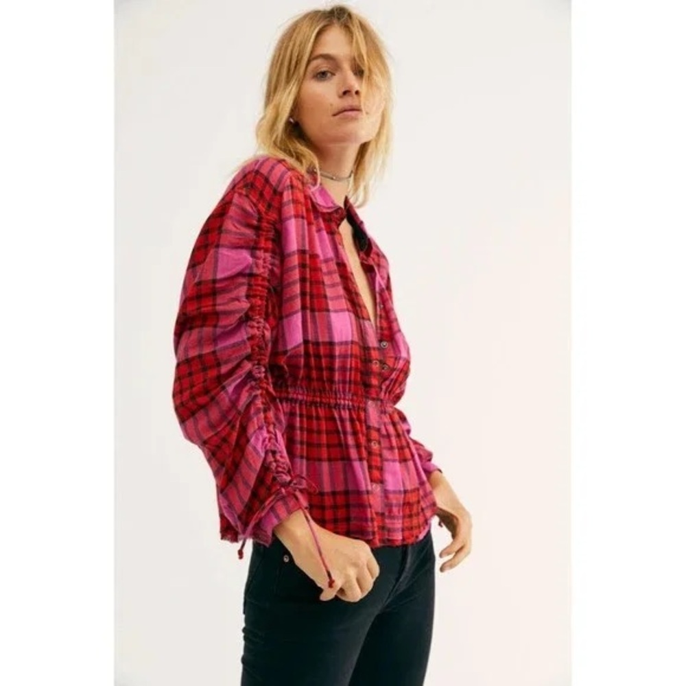 FP We The Free Pacific Dawn Drawstring Plaid Shirt Red Pink Black Button Down - Picture 9 of 10